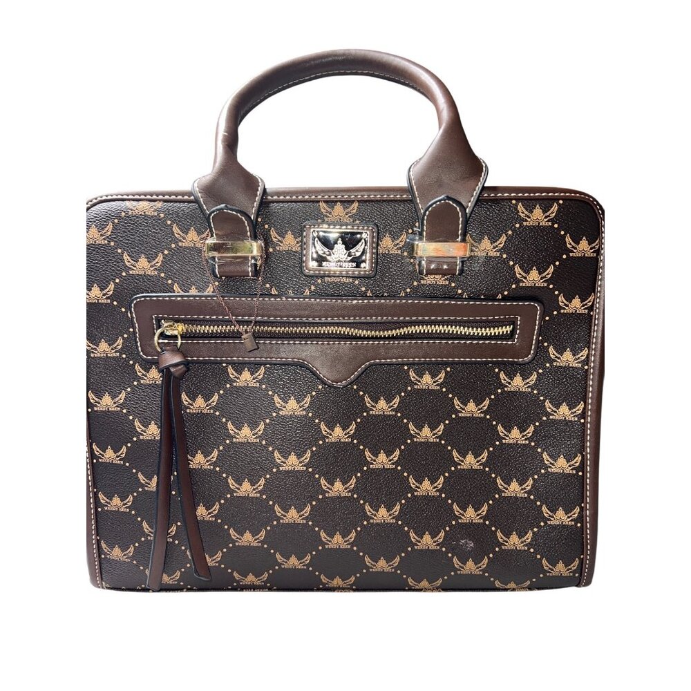 Brown Patterned Faux Leather Tote With Gold Accents & Multiple Compartments
